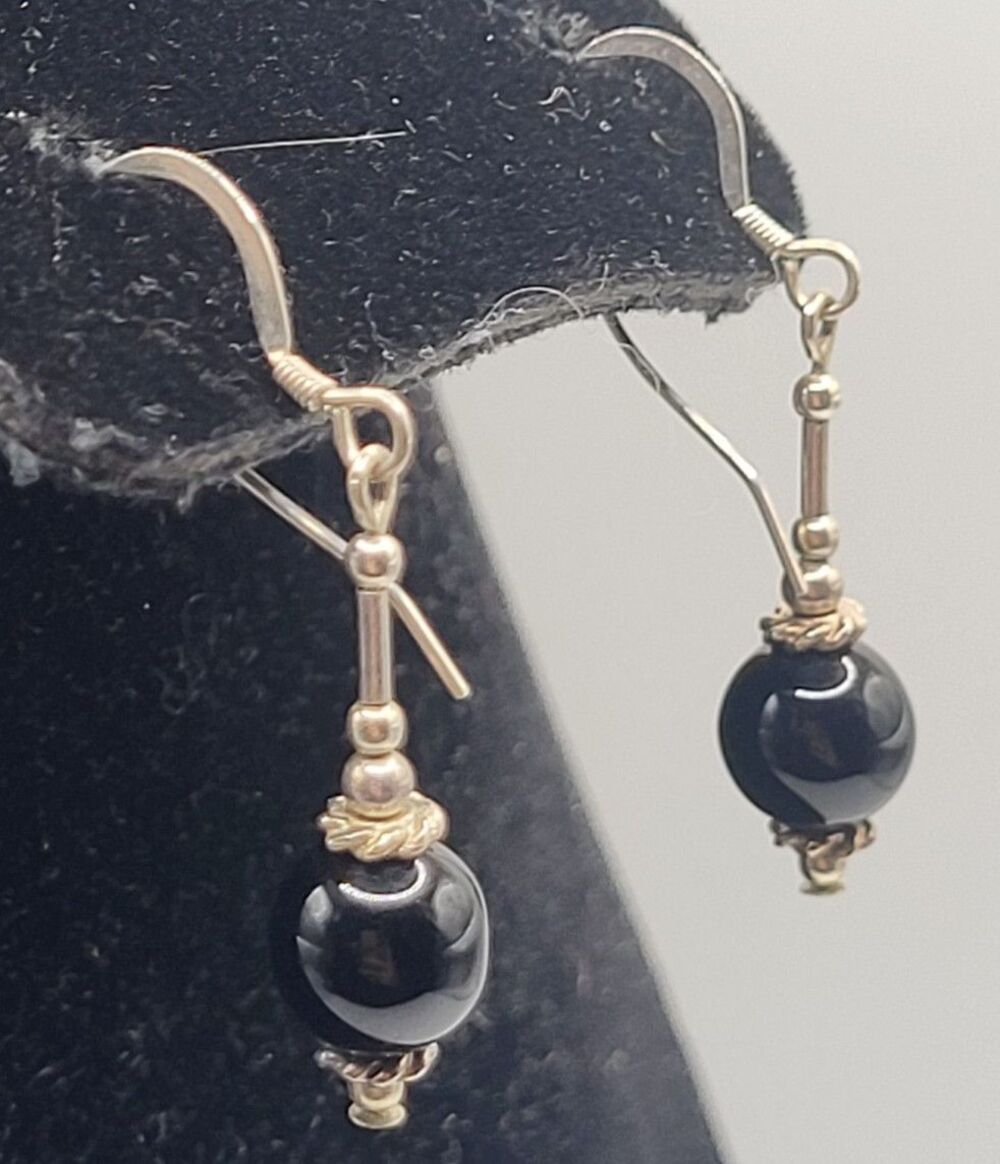 Vintage Sterling Silver Black Onyx Round Dangle Drop Earrings Bali 1.5in 925